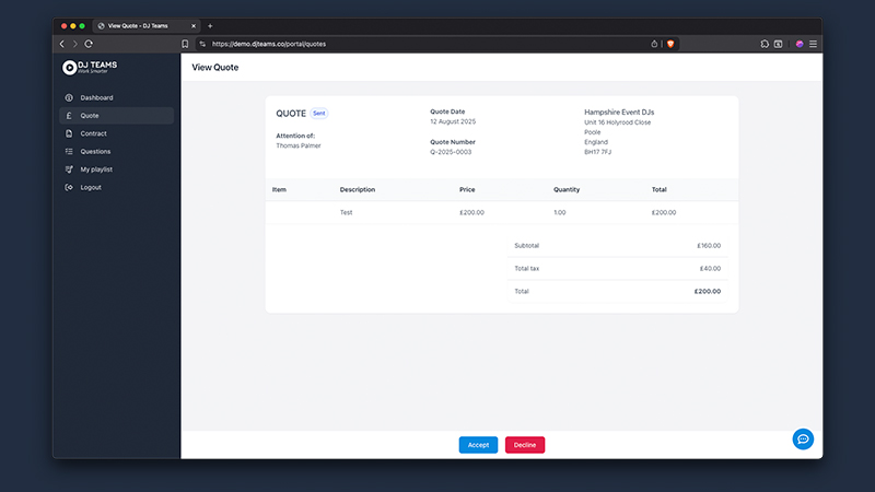 Viewing quotes in the customer portal with options to accept or decline