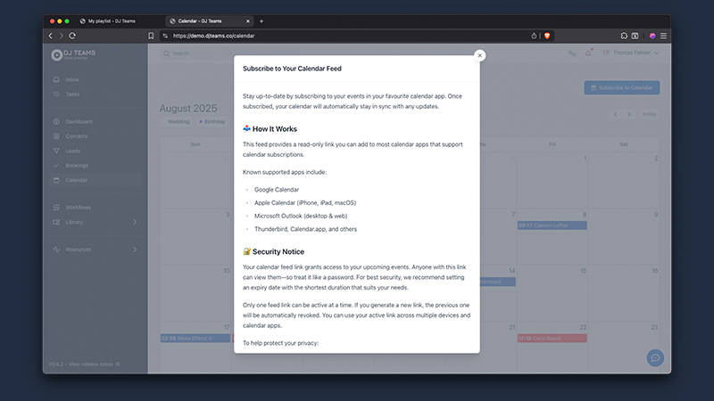 Setup wizard for subscribing DJ Teams events to a personal calendar on mobile, tablet, and desktop