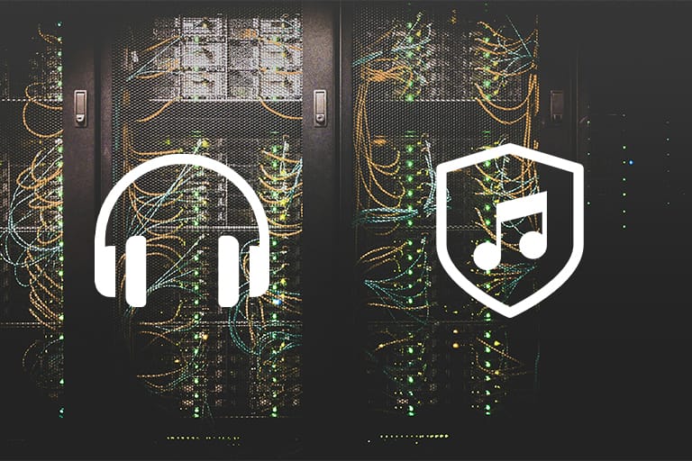 Illustration showing server racks and a shield with a music symbol representing DJ data security